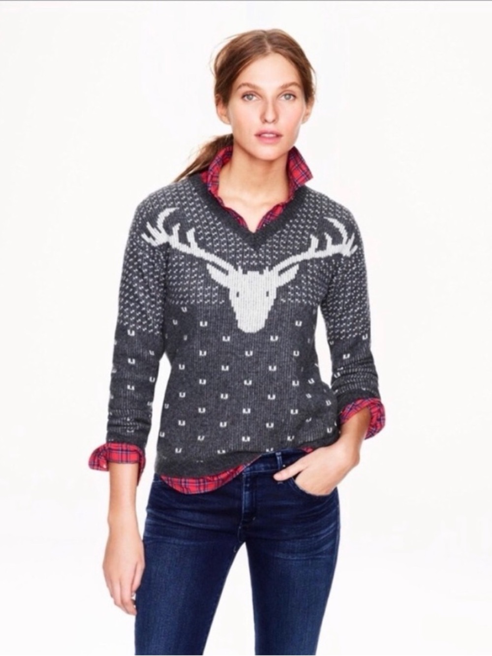 J Crew Grey Wool Deer V-neck Sweater sz small